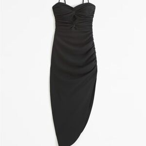 Abercrombie & Fitch Ruched Front Cutout Asymmetrical Midi Dress Black